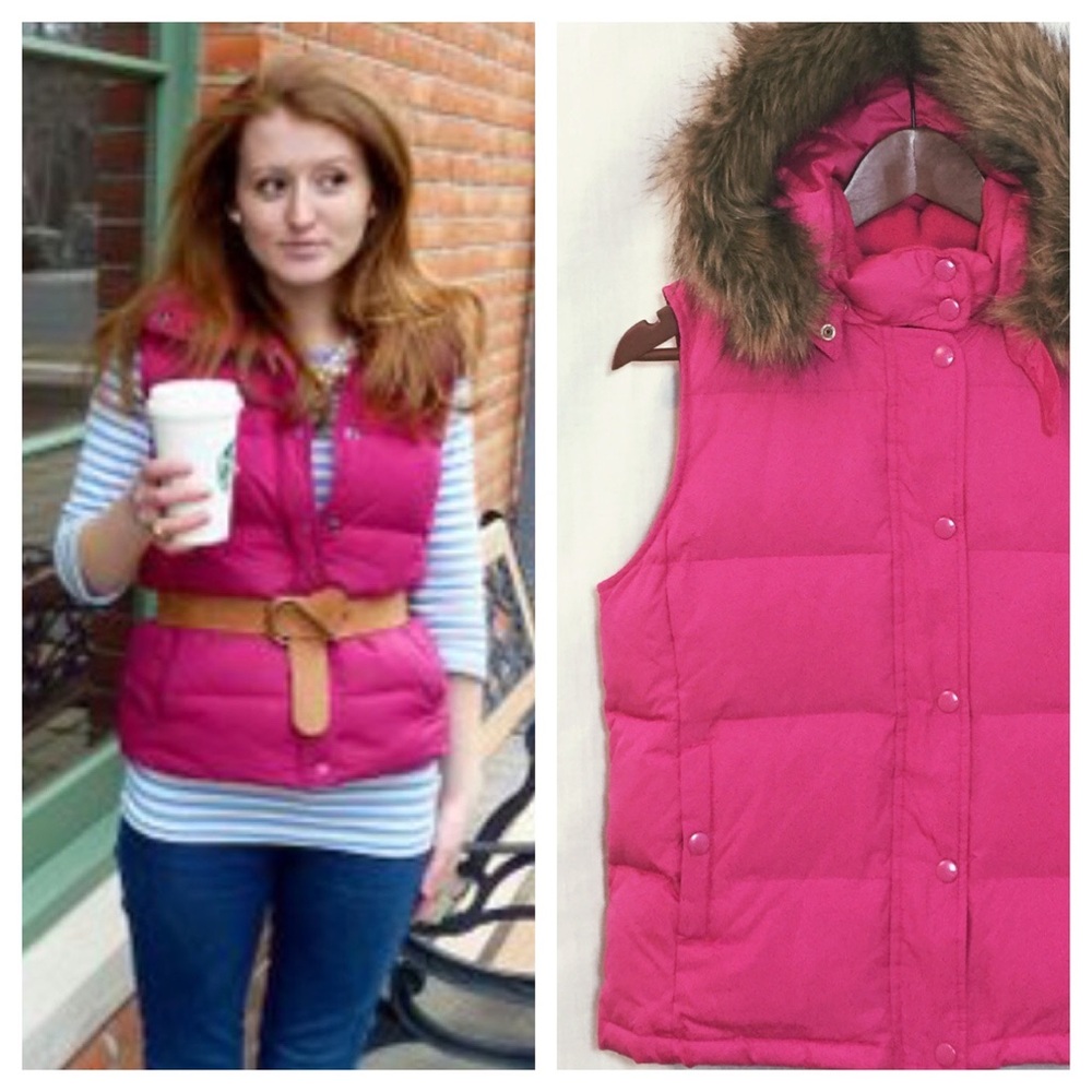 Gap Pink Puffer Vest Faux Fur Trim Hood Small